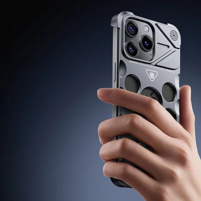 Rugged iPhone Case Shockproof Metal Cooling Armor — Aluminum Alloy Hollow Frameless Anti-Drop Cover, Matte Anti-Glare, Scratch-Resistant, Non-Slip