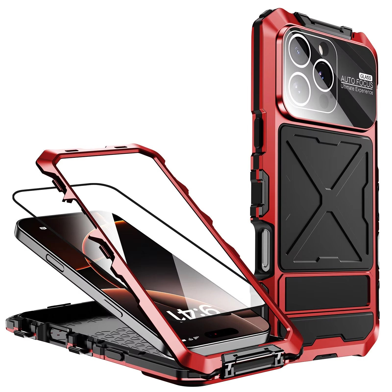 Rugged iPhone Case — 360° Full-Body Shockproof Aluminum Armor Cover with Tempered Glass Protection, Metal Lock Catch, Kickstand and Heavy-Duty Anti-Fall Design
