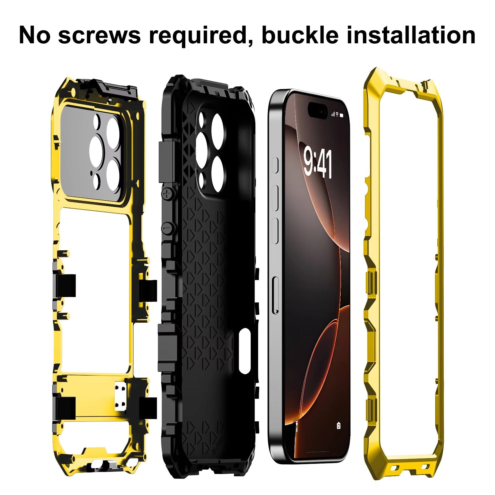 Rugged iPhone Case — 360° Full-Body Shockproof Aluminum Armor Cover with Tempered Glass Protection, Metal Lock Catch, Kickstand and Heavy-Duty Anti-Fall Design