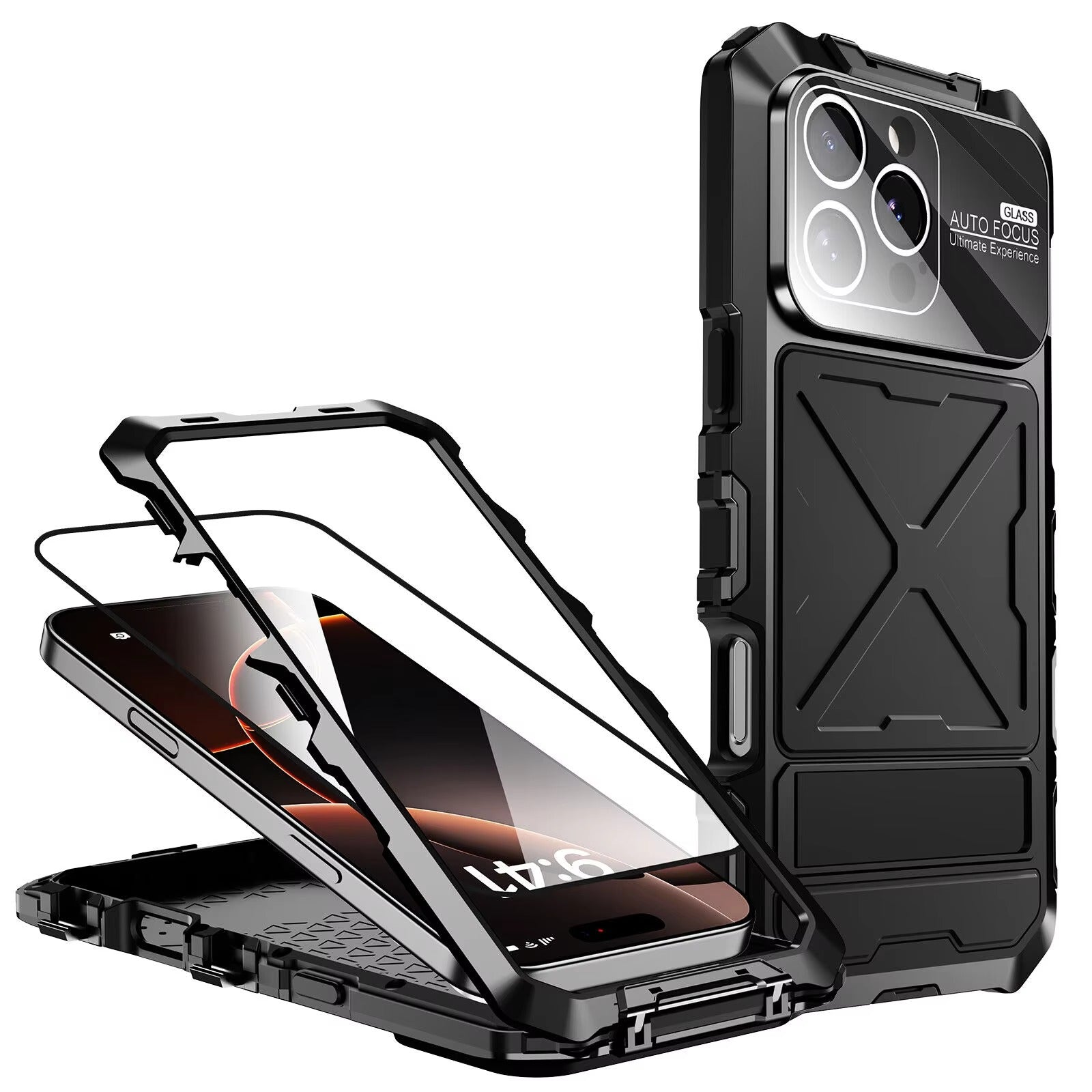 Rugged iPhone Case — 360° Full-Body Shockproof Aluminum Armor Cover with Tempered Glass Protection, Metal Lock Catch, Kickstand and Heavy-Duty Anti-Fall Design
