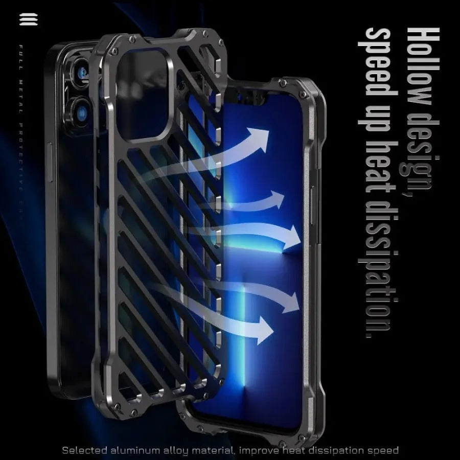 Rugged iPhone Case — Aluminum Alloy Heat-Dissipation Armor Cover with Shockproof Heavy-Duty Full-Coverage Metal Design