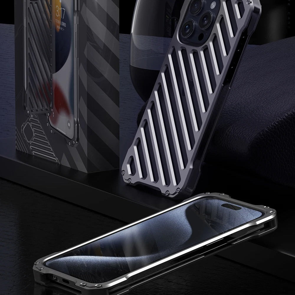 Rugged iPhone Case — Aluminum Alloy Heat-Dissipation Armor Cover with Shockproof Heavy-Duty Full-Coverage Metal Design