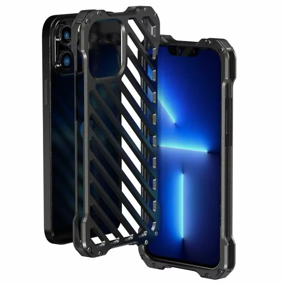 Rugged iPhone Case — Aluminum Alloy Heat-Dissipation Armor Cover with Shockproof Heavy-Duty Full-Coverage Metal Design