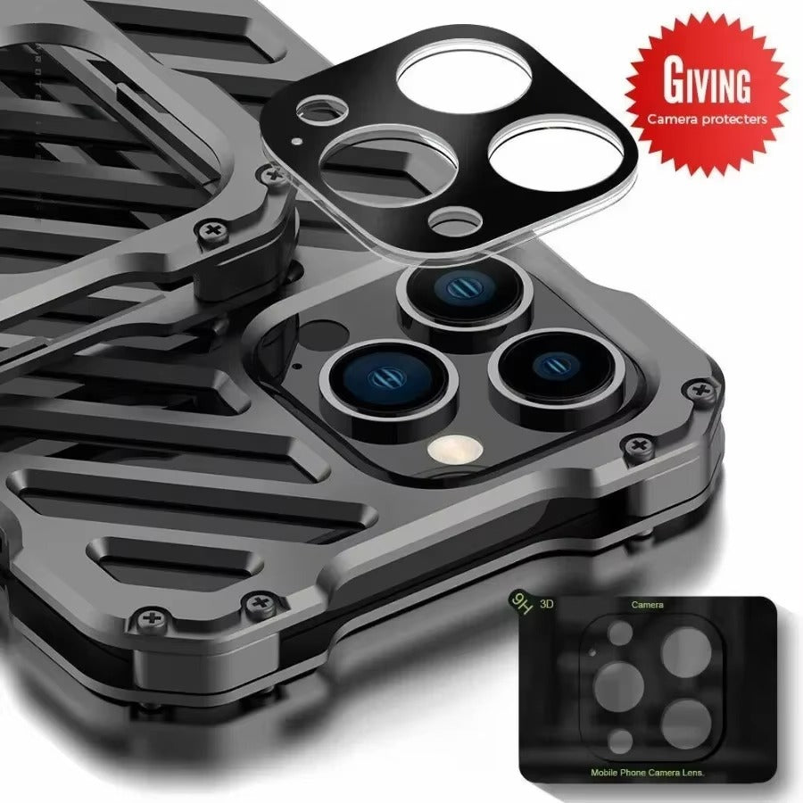 Rugged iPhone Case — Aluminum Alloy Heat-Dissipation Armor Cover with Shockproof Heavy-Duty Full-Coverage Metal Design