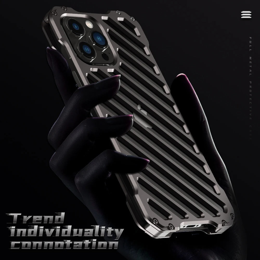 Rugged iPhone Case — Aluminum Alloy Heat-Dissipation Armor Cover with Shockproof Heavy-Duty Full-Coverage Metal Design
