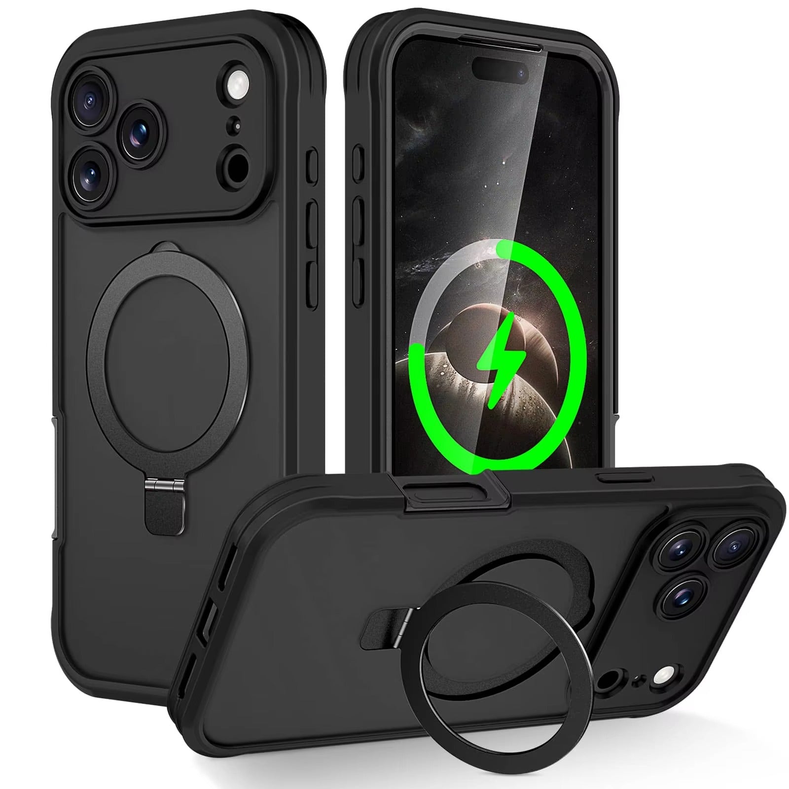 Rugged iPhone Case — Full-Body Shockproof PC+TPU Cover with Built-In Screen Protector, Invisible Magnetic Stand, Anti-Fingerprint Anti-Scratch Design
