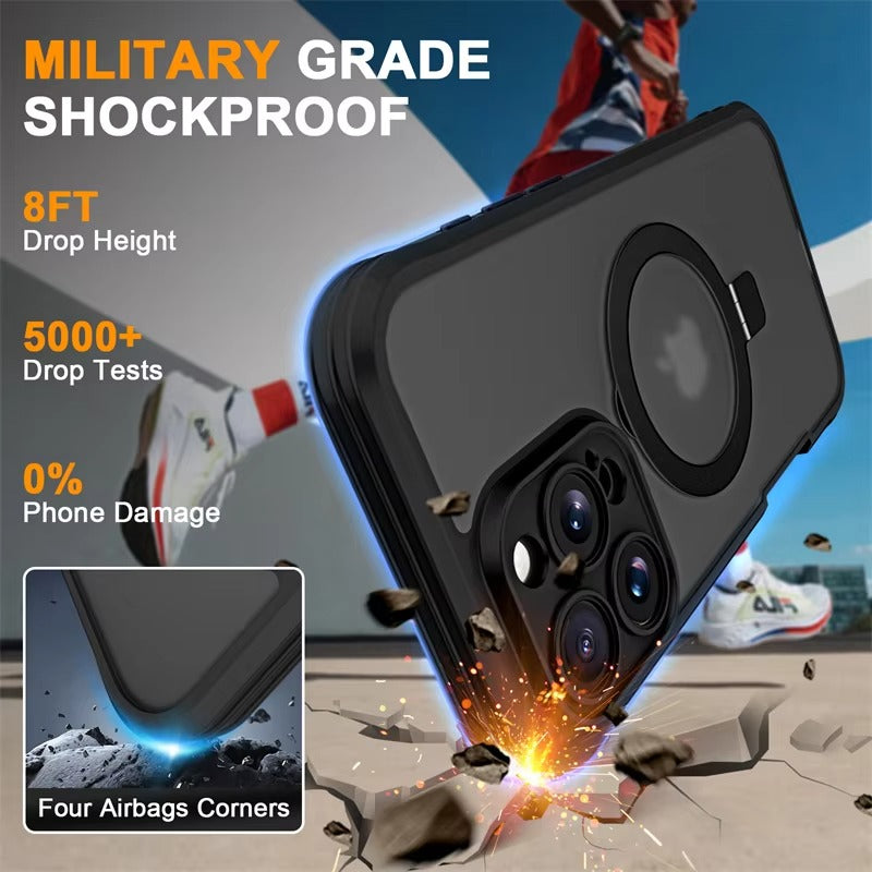 Rugged iPhone Case — Full-Body Shockproof PC+TPU Cover with Built-In Screen Protector, Invisible Magnetic Stand, Anti-Fingerprint Anti-Scratch Design