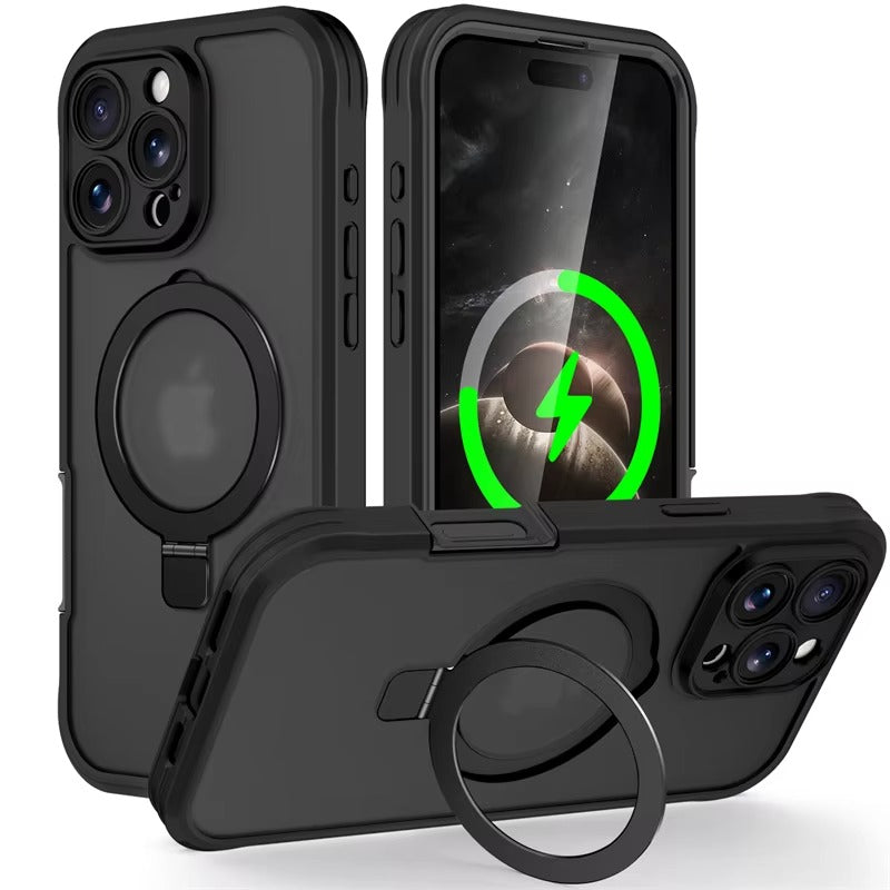 Rugged iPhone Case — Full-Body Shockproof PC+TPU Cover with Built-In Screen Protector, Invisible Magnetic Stand, Anti-Fingerprint Anti-Scratch Design