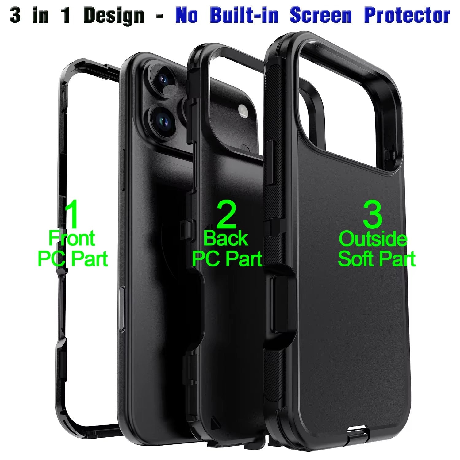 Rugged iPhone Case — Heavy-Duty 3-Layer Hybrid Protective Cover with Shockproof Hard PC Design and Matte Anti-Fingerprint Finish