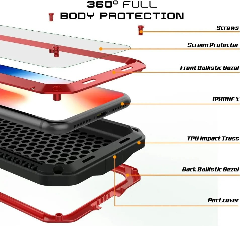 Rugged iPhone Case — Heavy-Duty Aluminum Alloy Armor Cover with Dual-Layer Metal + TPU Protection, Shockproof Screen Guard, IP54 Dustproof Anti-Fingerprint Design