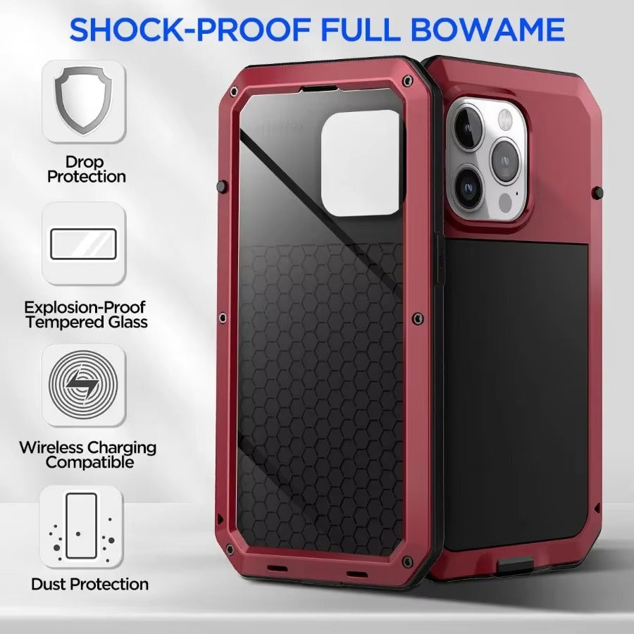 Rugged iPhone Case — Heavy-Duty Aluminum Alloy Armor Cover with Dual-Layer Metal + TPU Protection, Shockproof Screen Guard, IP54 Dustproof Anti-Fingerprint Design