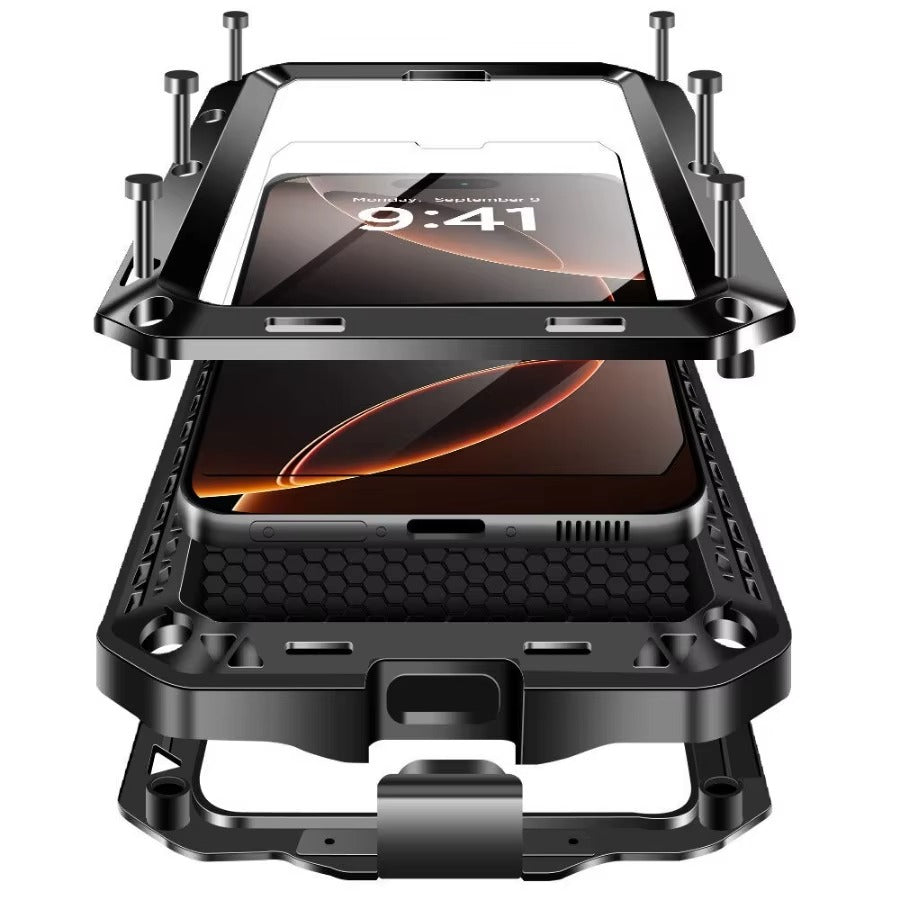 Rugged iPhone Case — Heavy-Duty Aluminum Alloy Armor Cover with Dual-Layer Metal + TPU Protection, Shockproof Screen Guard, IP54 Dustproof Anti-Fingerprint Design