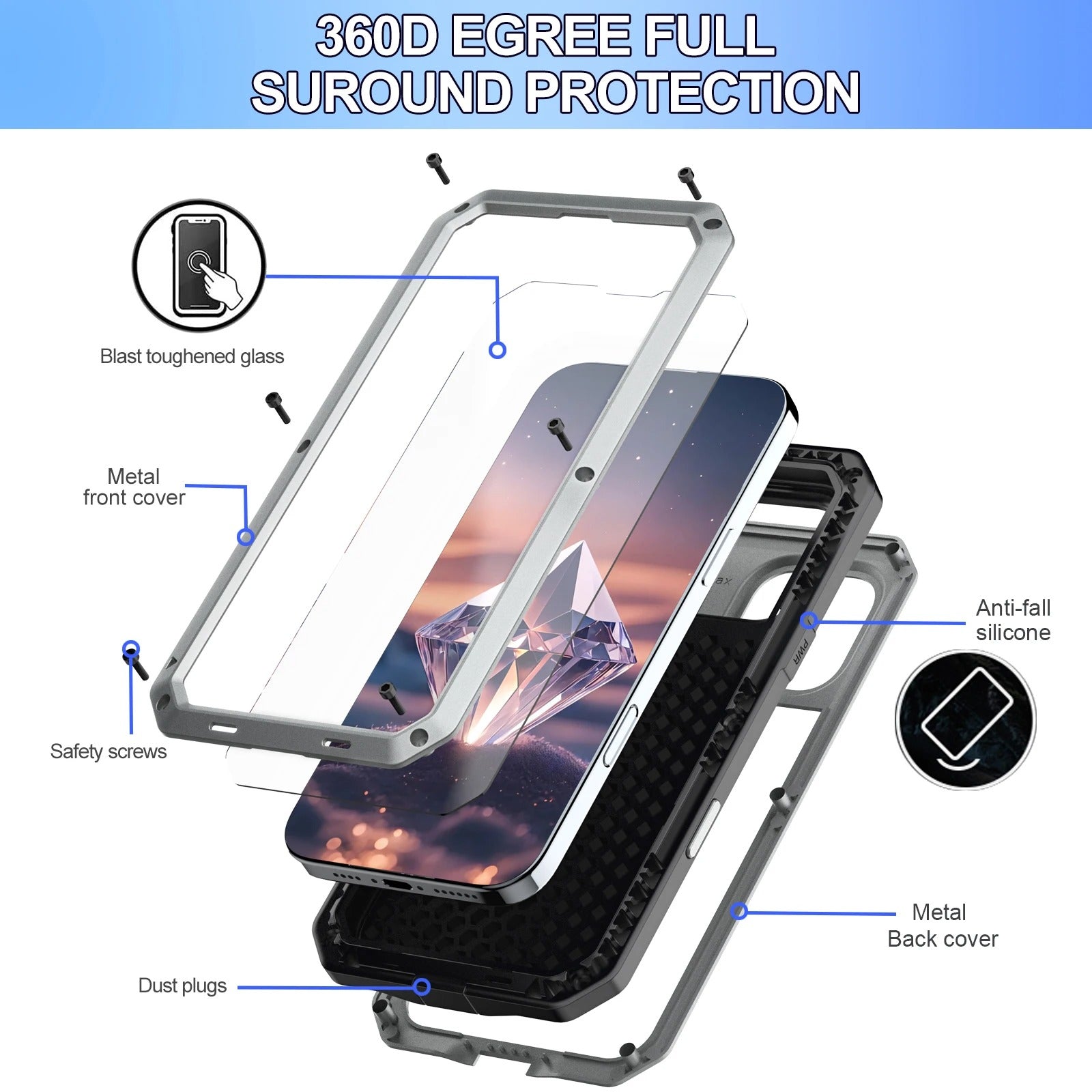 Rugged iPhone Case — Heavy-Duty Aluminum Alloy Armor Cover with Dual-Layer Metal + TPU Protection, Shockproof Screen Guard, IP54 Dustproof Anti-Fingerprint Design