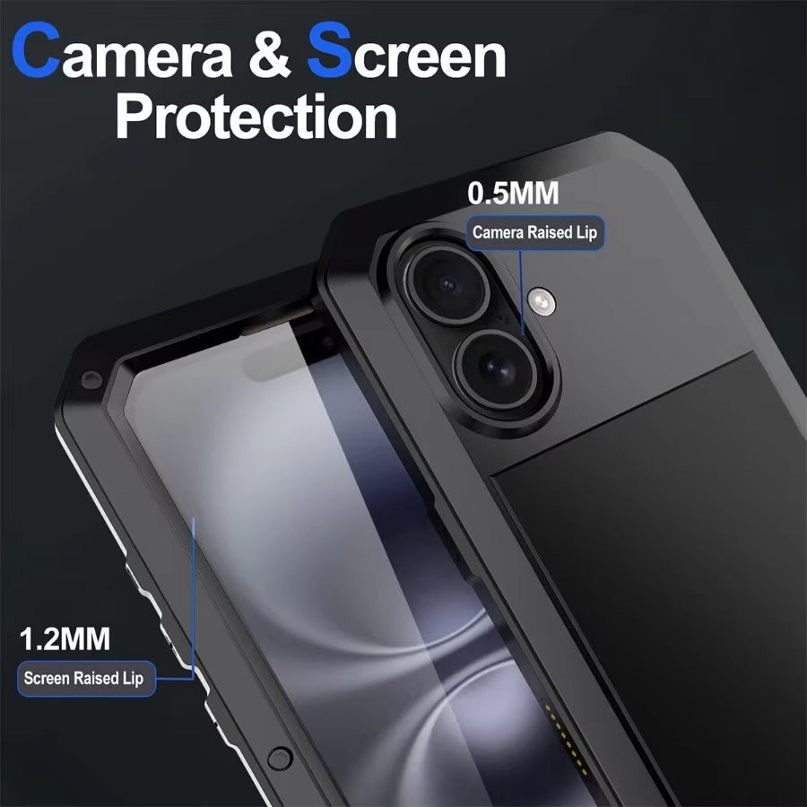Rugged iPhone Case — Heavy-Duty Aluminum Alloy Armor Cover with Dual-Layer Metal + TPU Protection, Shockproof Screen Guard, IP54 Dustproof Anti-Fingerprint Design