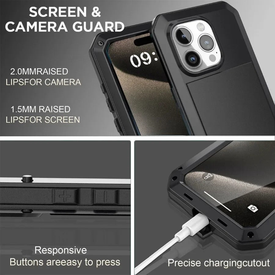 Rugged iPhone Case — Heavy-Duty Aluminum Alloy Armor Cover with Dual-Layer Metal + TPU Protection, Shockproof Screen Guard, IP54 Dustproof Anti-Fingerprint Design