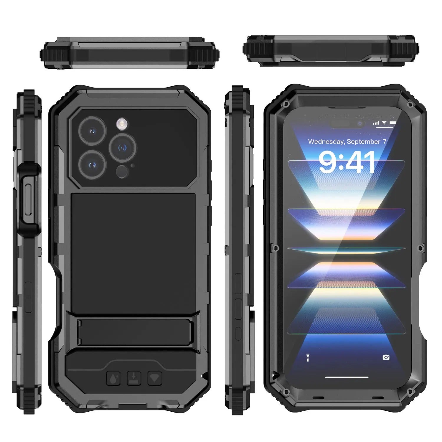 Rugged iPhone Case — Heavy-Duty Aluminum Armor Cover with Built-In Glass Screen Protector, Kickstand, Shockproof Dual-Layer Design and Dustproof Anti-Fingerprint Finish