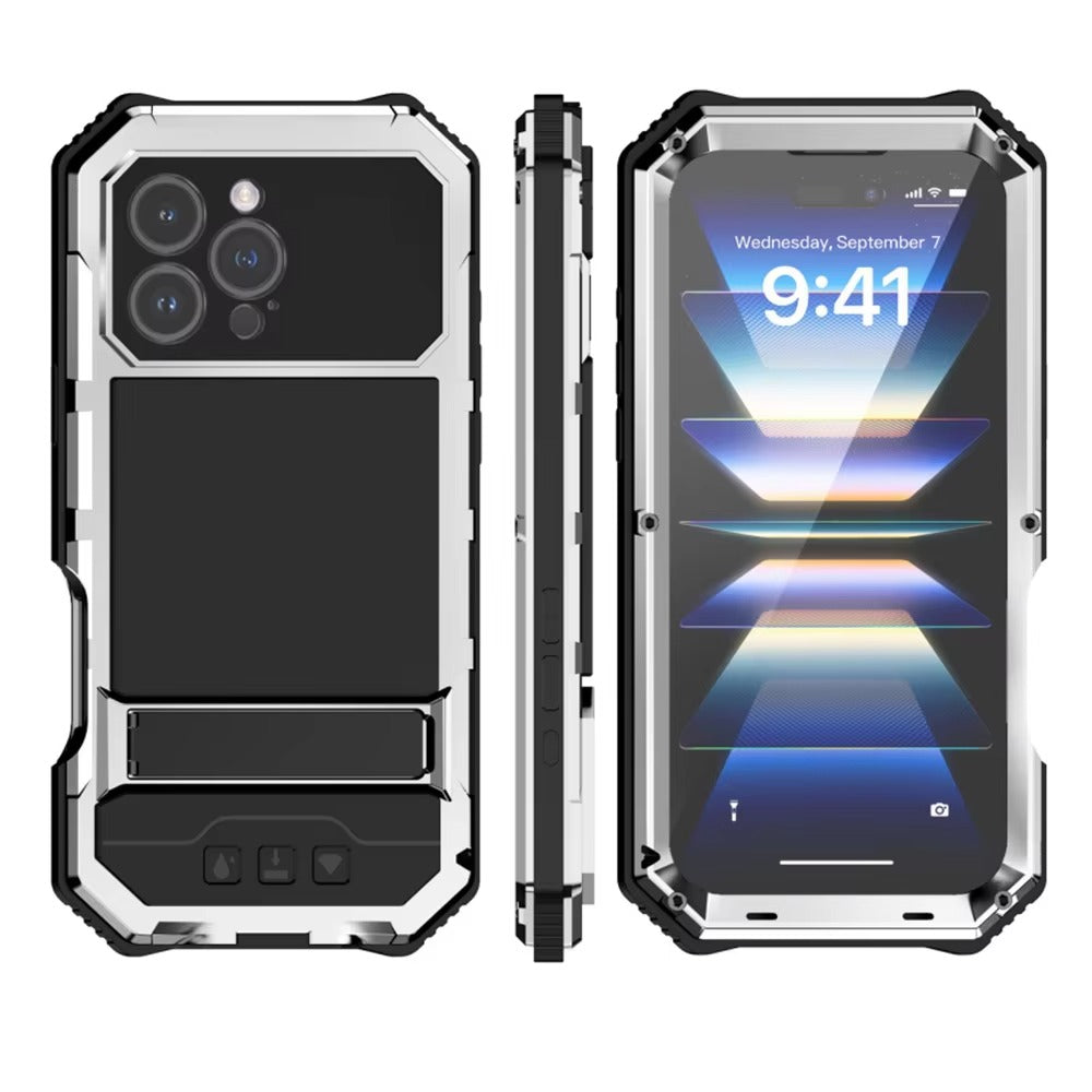 Rugged iPhone Case — Heavy-Duty Aluminum Armor Cover with Built-In Glass Screen Protector, Kickstand, Shockproof Dual-Layer Design and Dustproof Anti-Fingerprint Finish