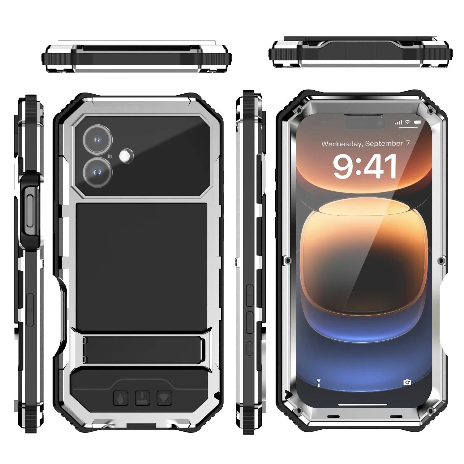 Rugged iPhone Case — Heavy-Duty Aluminum Armor Cover with Built-In Glass Screen & Lens Protectors, Shockproof Dual-Layer Design and Kickstand for Outdoor Use