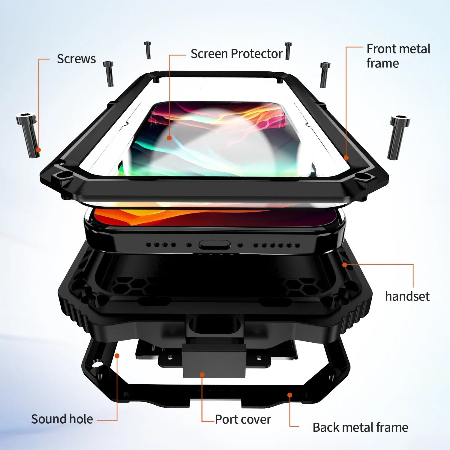 Rugged iPhone Case — Heavy-Duty Aluminum Armor Cover with Built-In Glass Screen & Lens Protectors, Shockproof Dual-Layer Design and Kickstand for Outdoor Use