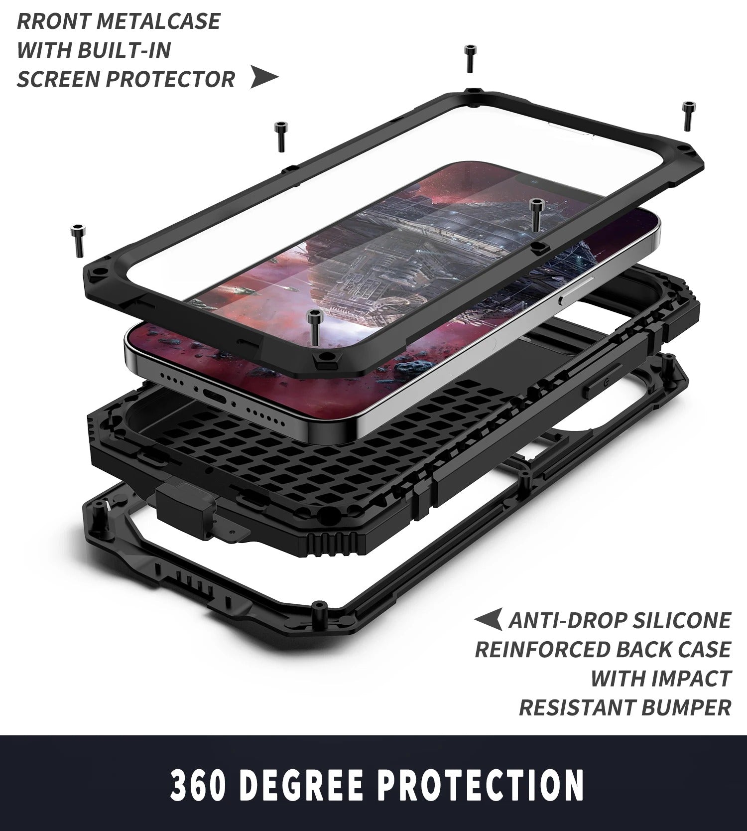 Rugged iPhone Case — Heavy-Duty Aluminum Armor Cover with Shockproof Bumper Design, Screen Guard Protection and Dustproof Anti-Fingerprint Finish