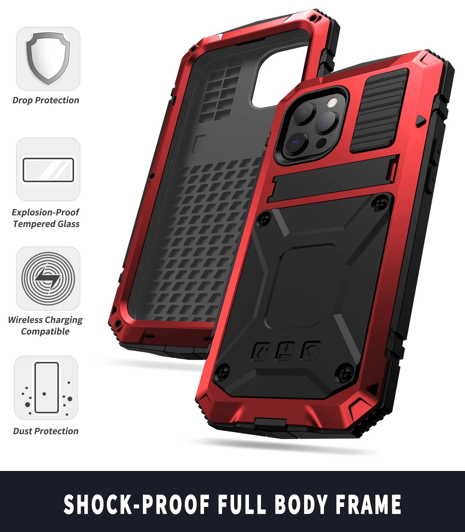 Rugged iPhone Case — Heavy-Duty Aluminum Armor Cover with Shockproof Bumper Design, Screen Guard Protection and Dustproof Anti-Fingerprint Finish