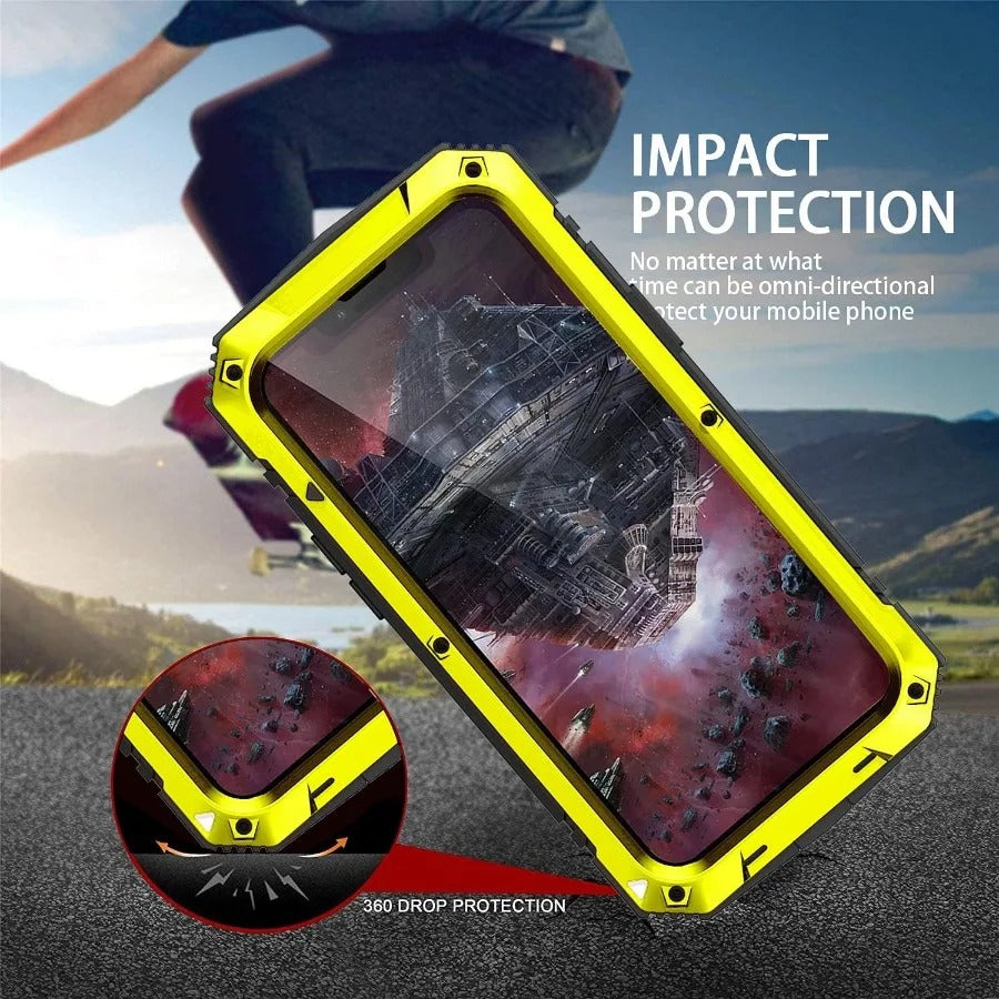 Rugged iPhone Case — Heavy-Duty Aluminum Metal Armor Cover with Tempered Glass Screen, Shockproof IP54 Water-Resistant Full-Body Protection and Kickstand