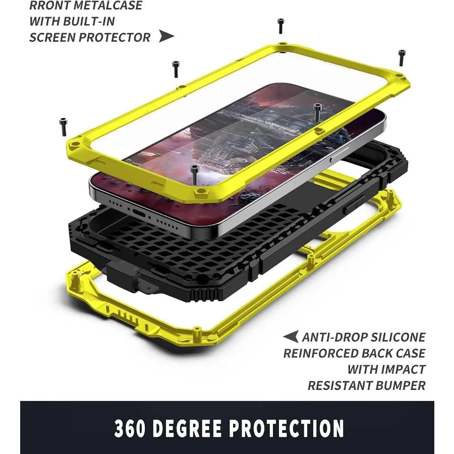 Rugged iPhone Case — Heavy-Duty Aluminum Metal Armor Cover with Tempered Glass Screen, Shockproof IP54 Water-Resistant Full-Body Protection and Kickstand