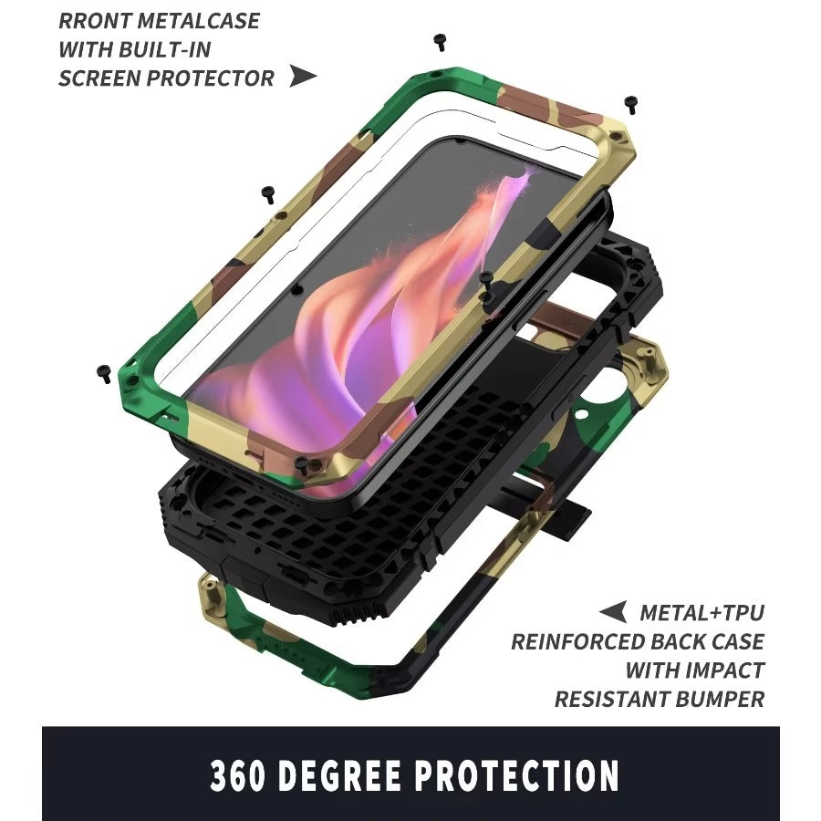 Rugged iPhone Case — Heavy-Duty Aluminum Metal Armor Cover with Tempered Glass Screen, Shockproof IP54 Water-Resistant Full-Body Protection and Kickstand