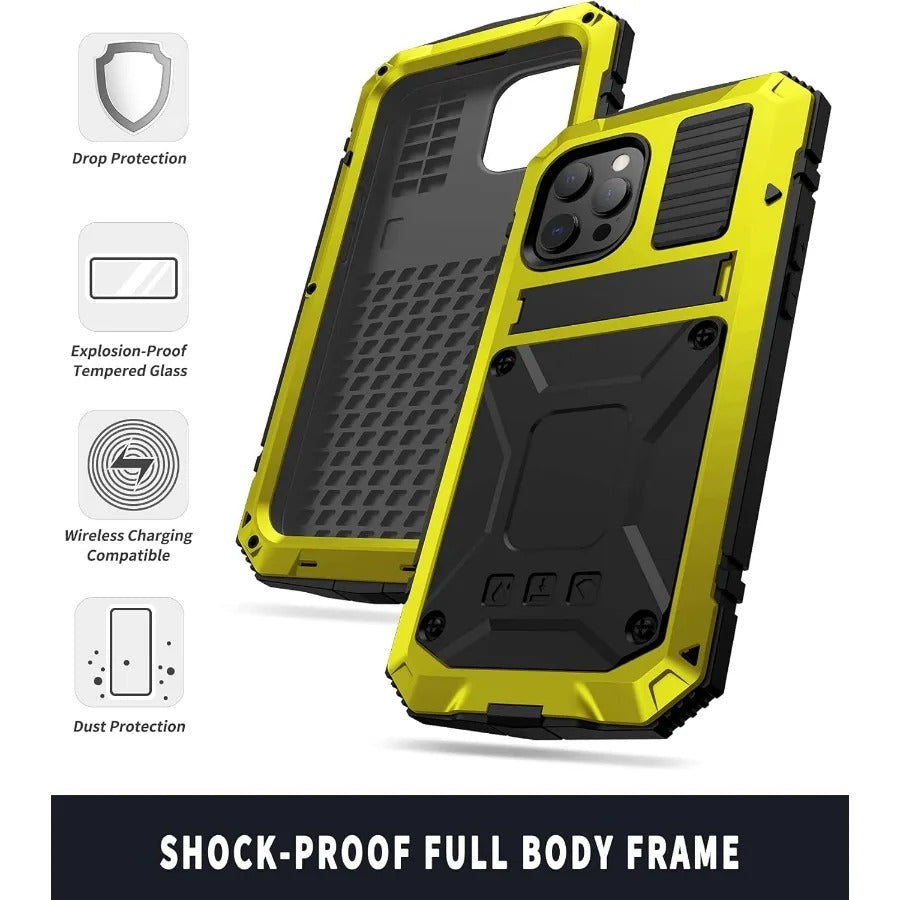 Rugged iPhone Case — Heavy-Duty Aluminum Metal Armor Cover with Tempered Glass Screen, Shockproof IP54 Water-Resistant Full-Body Protection and Kickstand