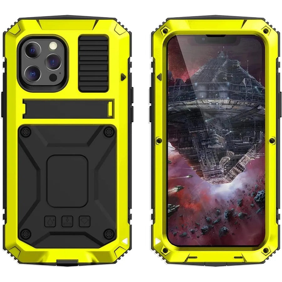 Rugged iPhone Case — Heavy-Duty Aluminum Metal Armor Cover with Tempered Glass Screen, Shockproof IP54 Water-Resistant Full-Body Protection and Kickstand