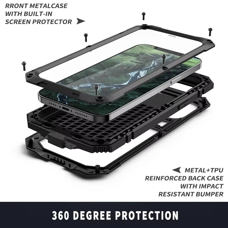 Rugged iPhone Case — Heavy-Duty Aluminum Metal Armor Cover with Tempered Glass Screen, Shockproof IP54 Water-Resistant Full-Body Protection and Kickstand