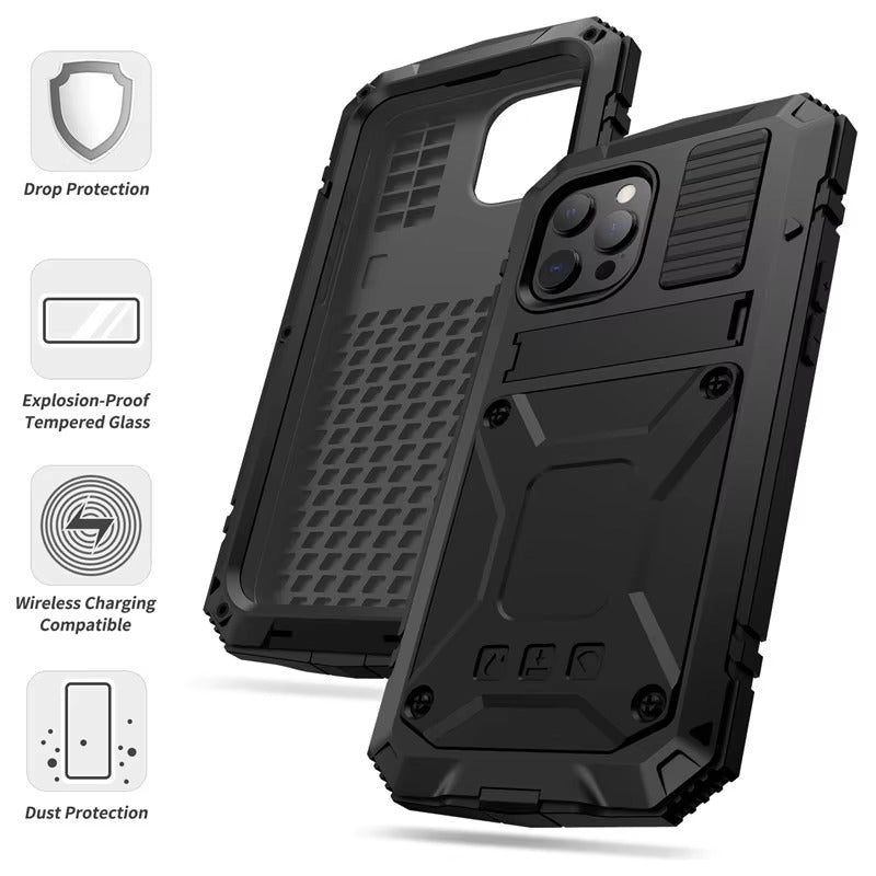 Rugged iPhone Case — Heavy-Duty Aluminum Metal Armor Cover with Tempered Glass Screen, Shockproof IP54 Water-Resistant Full-Body Protection and Kickstand