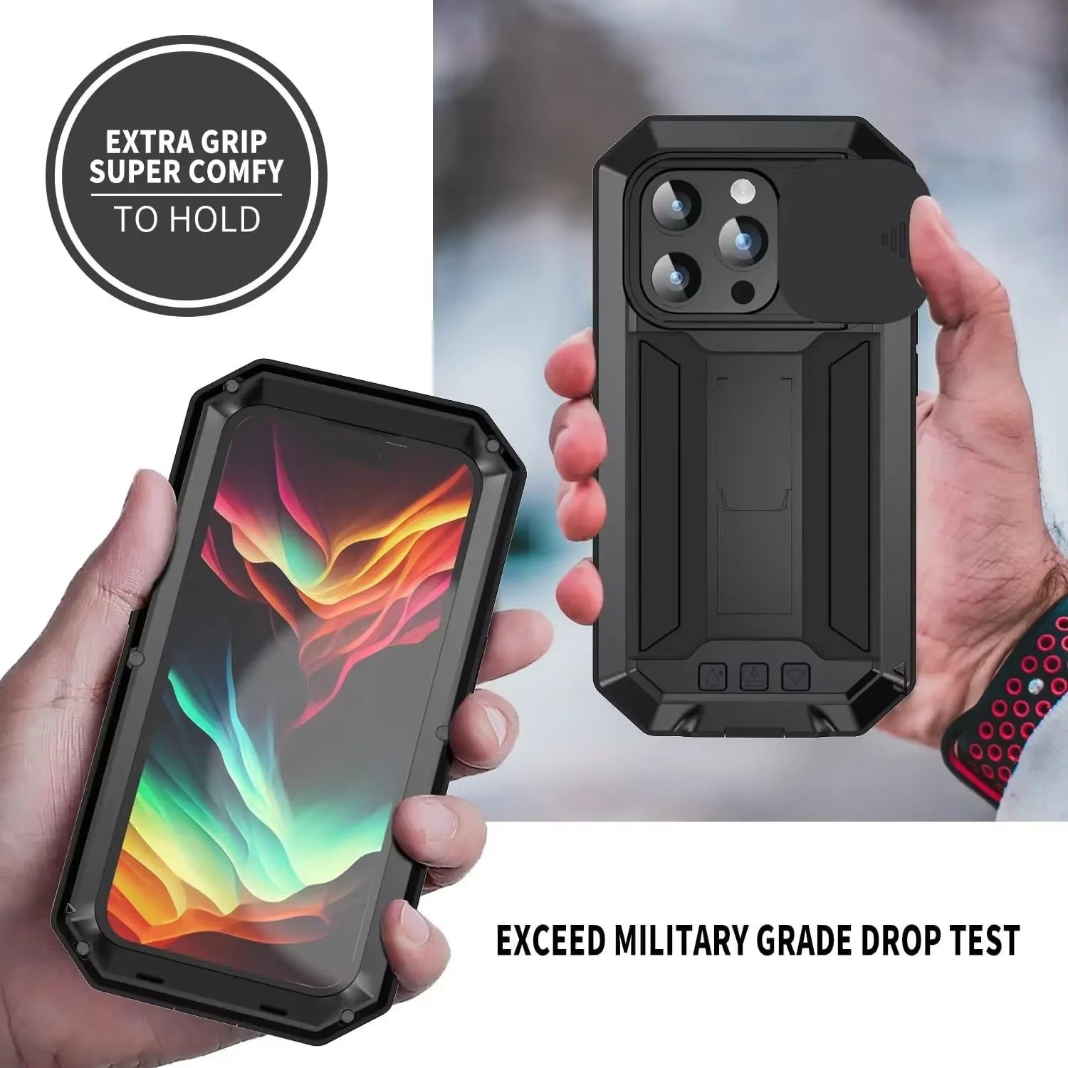 Rugged iPhone Case — Heavy-Duty Aluminum Metal Cover with Built-In Tempered Glass Screen Protector, Military-Grade Shockproof Design and Dustproof Anti-Fingerprint Protection