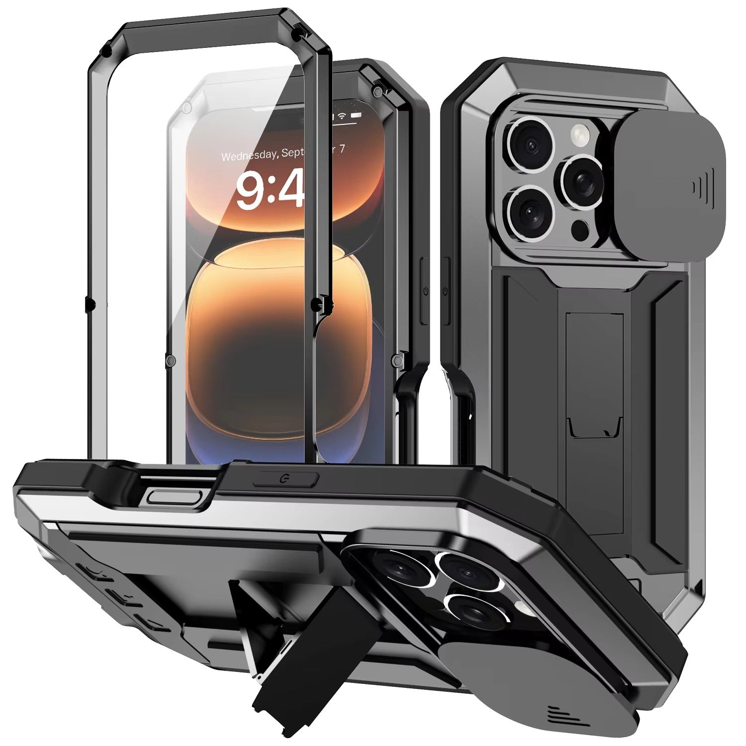 Rugged iPhone Case — Heavy-Duty Aluminum Metal Cover with Built-In Tempered Glass Screen Protector, Military-Grade Shockproof Design and Dustproof Anti-Fingerprint Protection