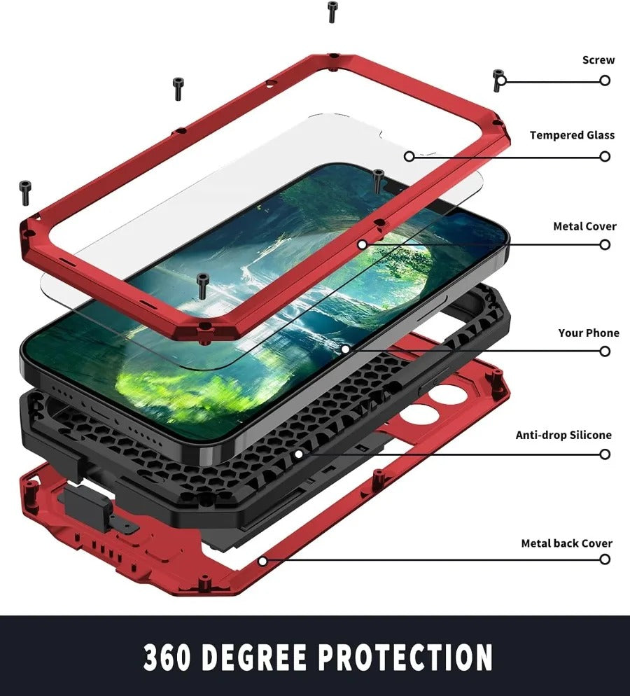 Rugged iPhone Case — Heavy-Duty Aluminum Metal Cover with Built-In Tempered Glass Screen Protector, Military-Grade Shockproof Design and Dustproof Anti-Fingerprint Protection
