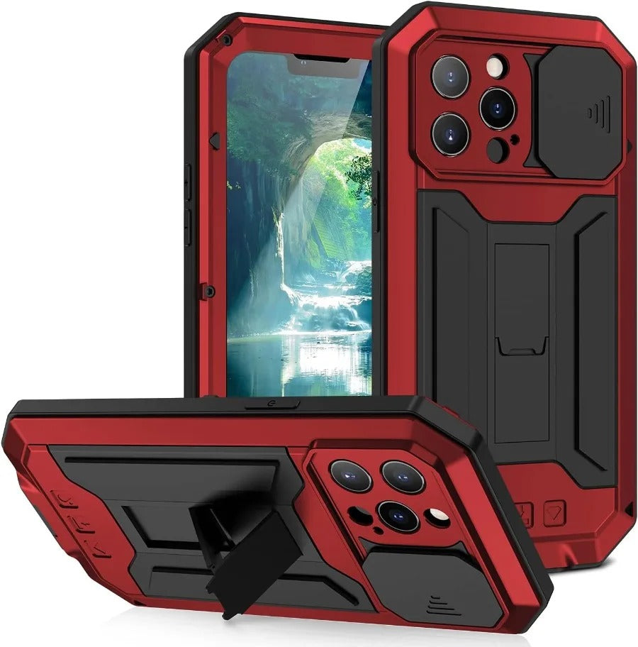 Rugged iPhone Case — Heavy-Duty Aluminum Metal Cover with Built-In Tempered Glass Screen Protector, Military-Grade Shockproof Design and Dustproof Anti-Fingerprint Protection