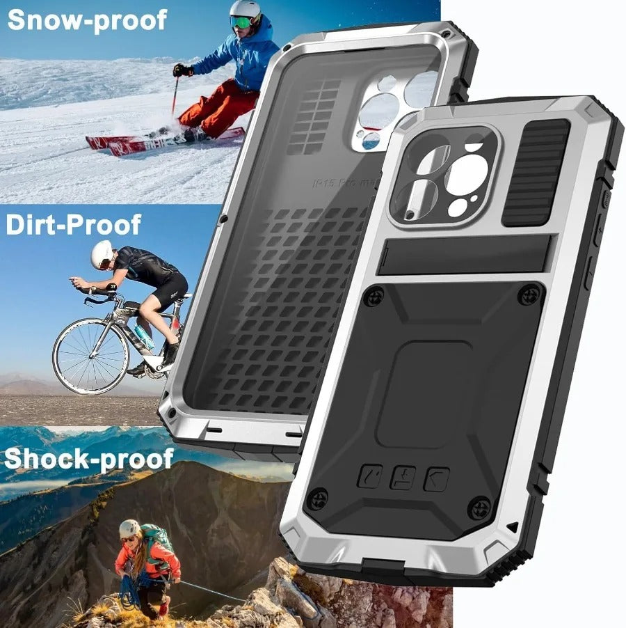 Rugged iPhone Case — Heavy-Duty Aluminum Metal Full-Body Cover with Tempered Glass Screen & Lens Slider, Shockproof Dual-Layer Protection and Multi-Angle Kickstand