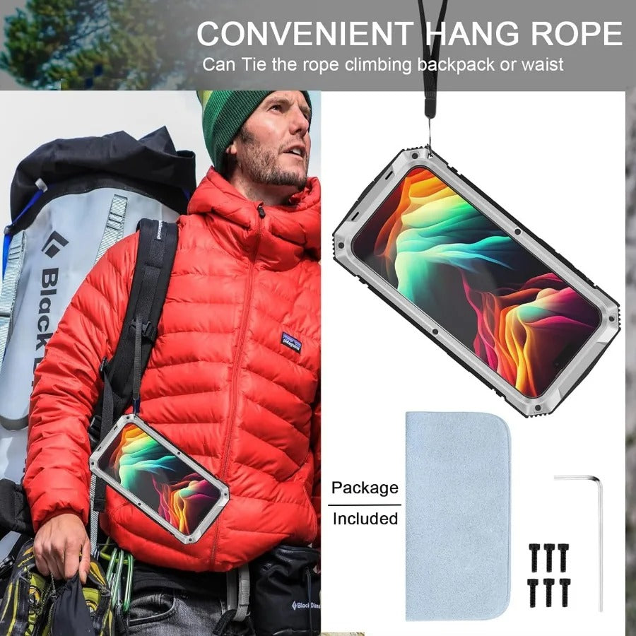 Rugged iPhone Case — Heavy-Duty Aluminum Metal Full-Body Cover with Tempered Glass Screen & Lens Slider, Shockproof Dual-Layer Protection and Multi-Angle Kickstand