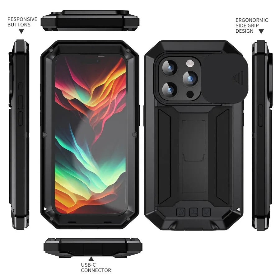 Rugged iPhone Case — Heavy-Duty Aluminum Metal Full-Body Cover with Tempered Glass Screen & Lens Slider, Shockproof Dual-Layer Protection and Multi-Angle Kickstand