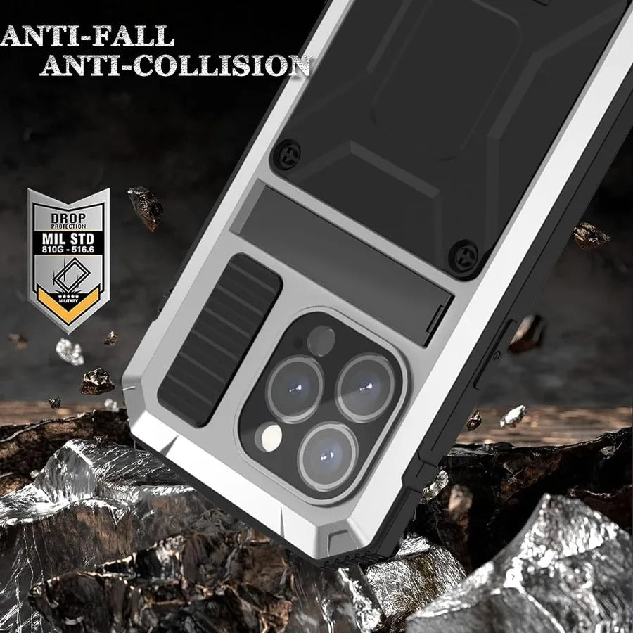 Rugged iPhone Case — Heavy-Duty Aluminum Metal Full-Body Cover with Tempered Glass Screen & Lens Slider, Shockproof Dual-Layer Protection and Multi-Angle Kickstand