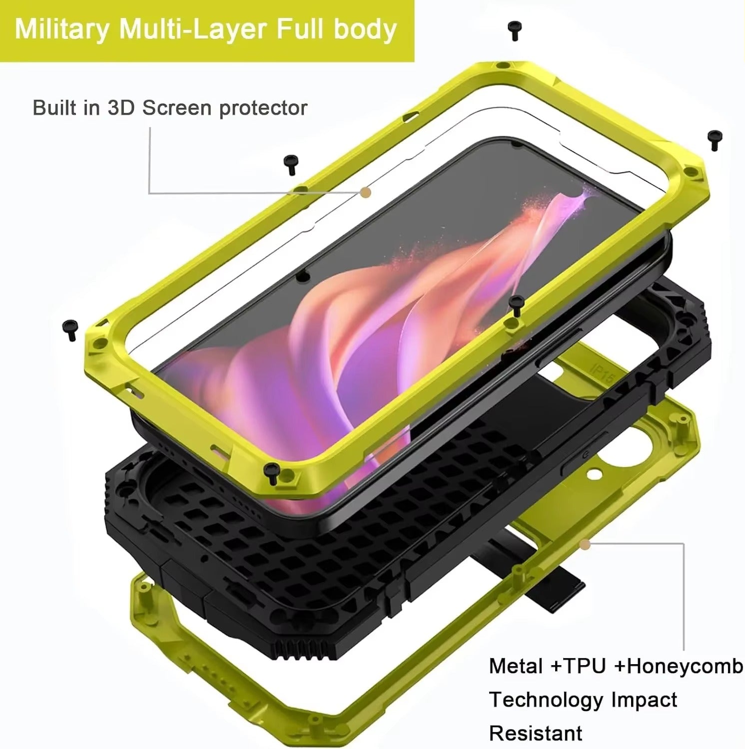 Rugged iPhone Case — Heavy-Duty Aluminum Metal Full-Body Cover with Tempered Glass Screen & Lens Slider, Shockproof Dual-Layer Protection and Multi-Angle Kickstand