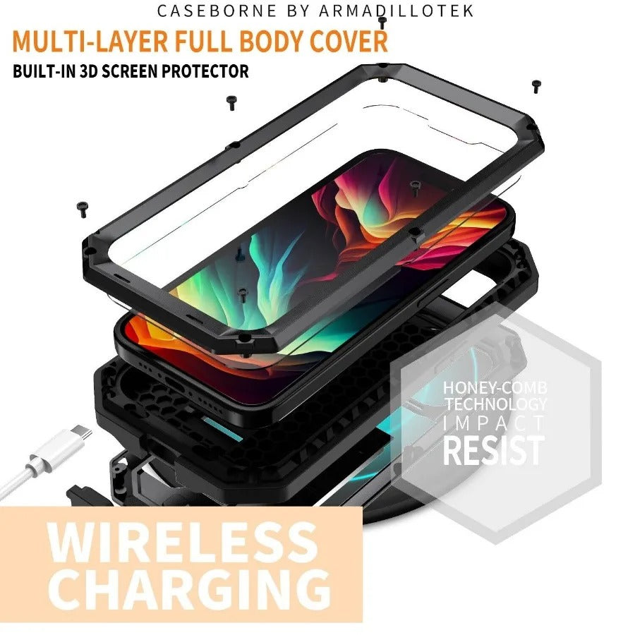 Rugged iPhone Case — Heavy-Duty Aluminum Metal Full-Body Cover with Tempered Glass Screen & Lens Slider, Shockproof Dual-Layer Protection and Multi-Angle Kickstand