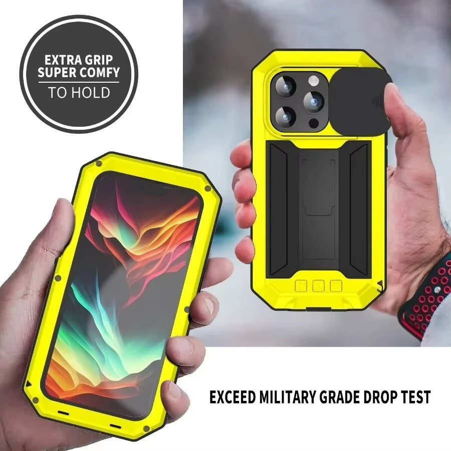 Rugged iPhone Case — Heavy-Duty Aluminum Metal Full-Body Cover with Tempered Glass Screen & Lens Slider, Shockproof Dual-Layer Protection and Multi-Angle Kickstand