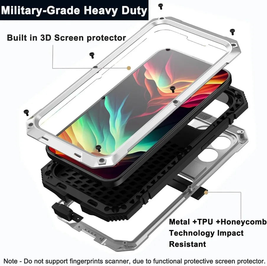 Rugged iPhone Case — Heavy-Duty Aluminum Metal Full-Body Cover with Tempered Glass Screen & Lens Slider, Shockproof Dual-Layer Protection and Multi-Angle Kickstand