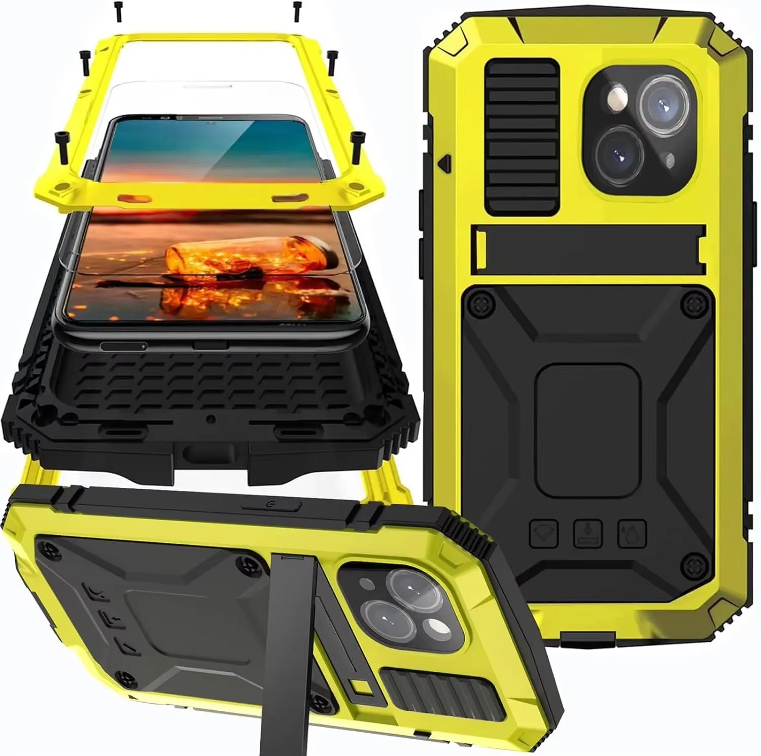 Rugged iPhone Case — Heavy-Duty Aluminum Metal Full-Body Cover with Tempered Glass Screen & Lens Slider, Shockproof Dual-Layer Protection and Multi-Angle Kickstand