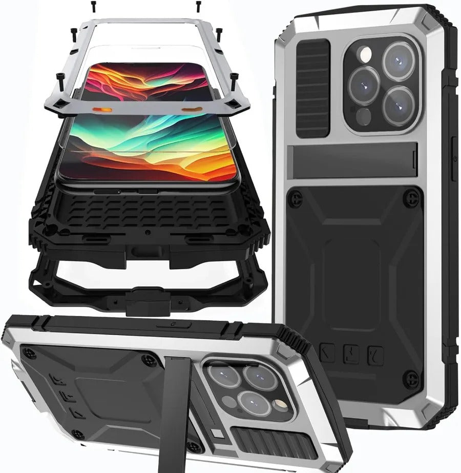 Rugged iPhone Case — Heavy-Duty Aluminum Metal Full-Body Cover with Tempered Glass Screen & Lens Slider, Shockproof Dual-Layer Protection and Multi-Angle Kickstand