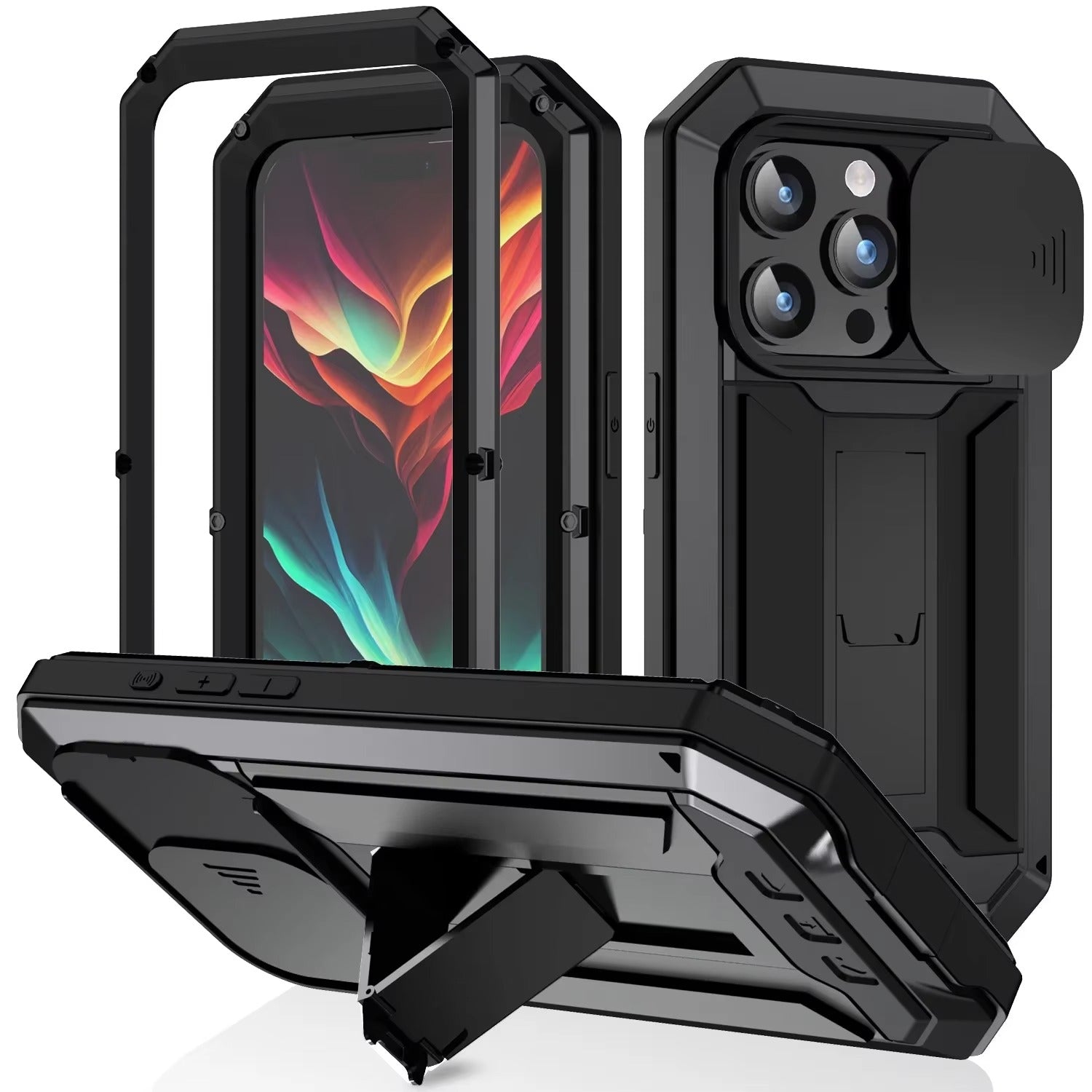 Rugged iPhone Case — Heavy-Duty Aluminum Metal Full-Body Cover with Tempered Glass Screen & Lens Slider, Shockproof Dual-Layer Protection and Multi-Angle Kickstand