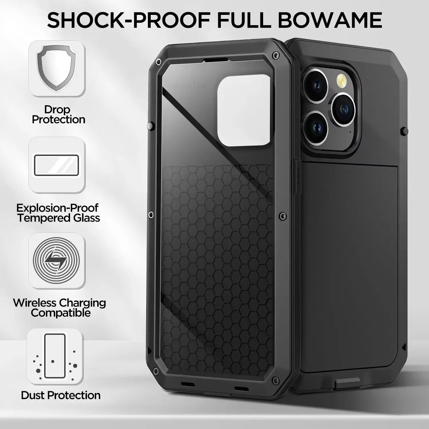 Rugged iPhone Case — Heavy-Duty Aluminum Military Cover with Gorilla Glass Screen Protection, Full-Body Shockproof Dustproof Non-Slip Design
