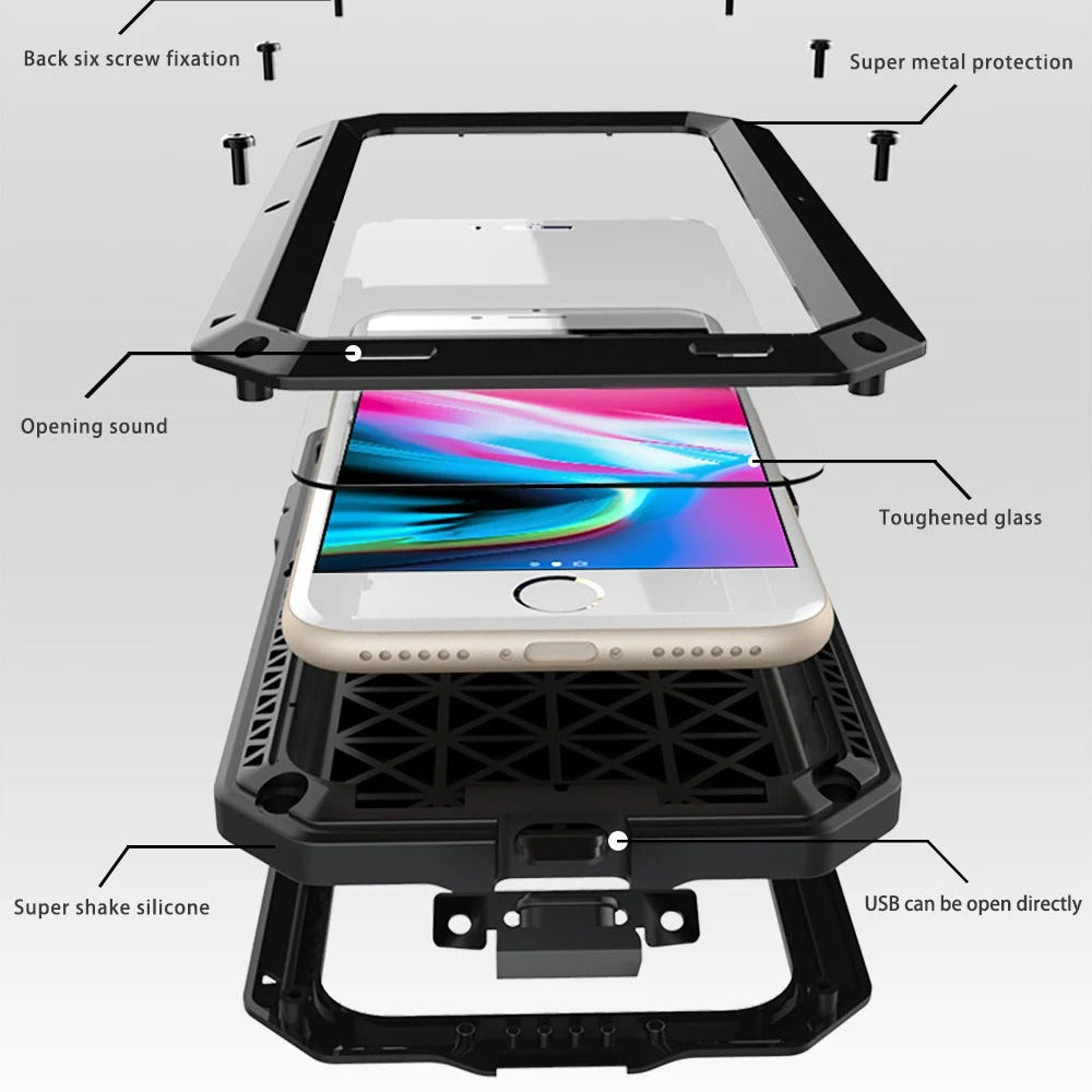 Rugged iPhone Case — Heavy-Duty Aluminum Military Cover with Gorilla Glass Screen Protection, Full-Body Shockproof Dustproof Non-Slip Design