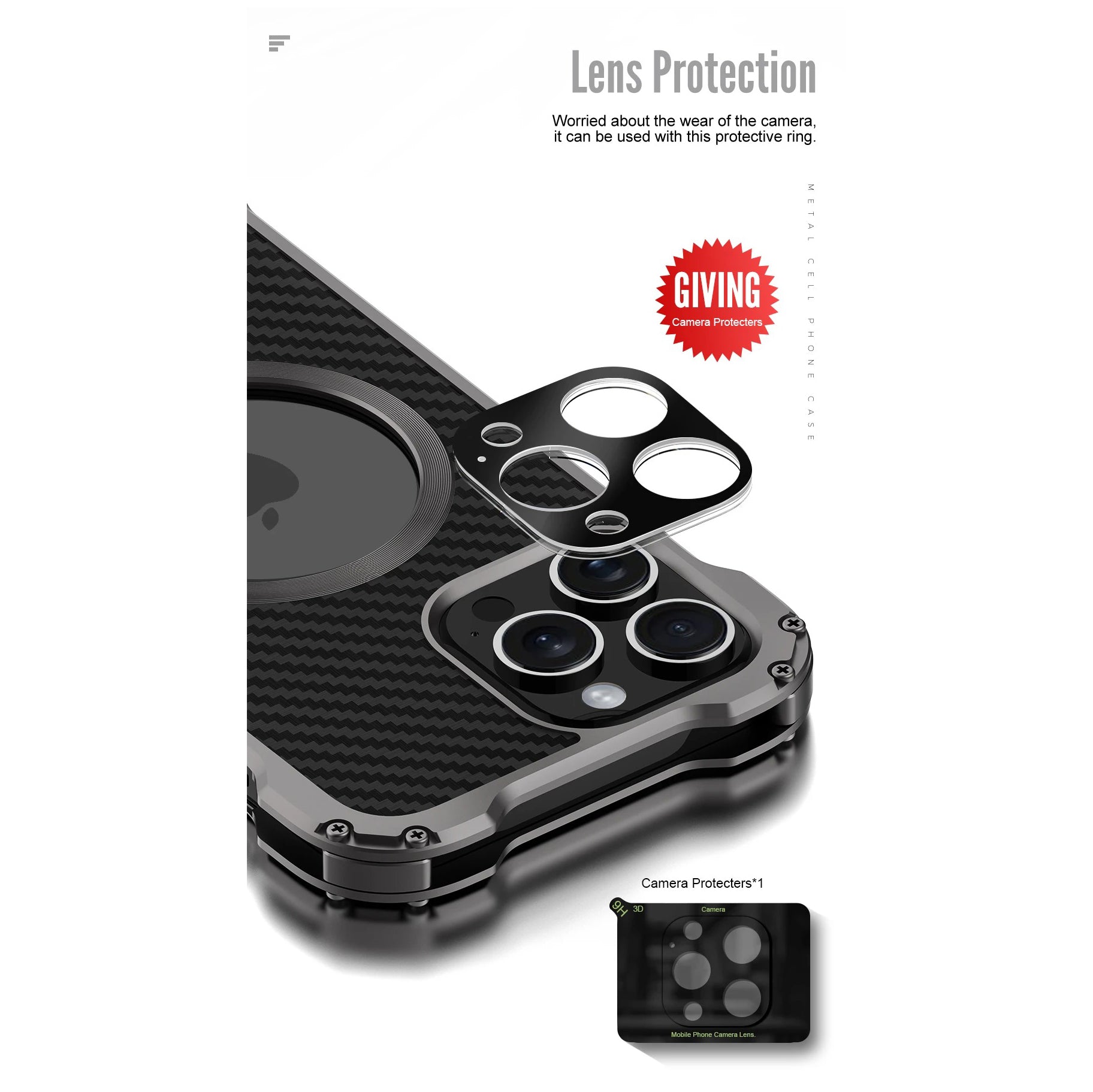 Rugged iPhone Case — Heavy-Duty Aluminum + Carbon Fiber Bumper Cover with Shockproof Design, Magnetic Heat-Dissipation Build and Lens Protector